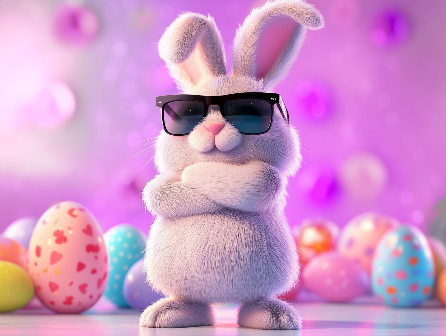 Cooler Osterhase mit dunkler Sonnenbrille und verschränkten Armen vor bunt bemalten Eiern